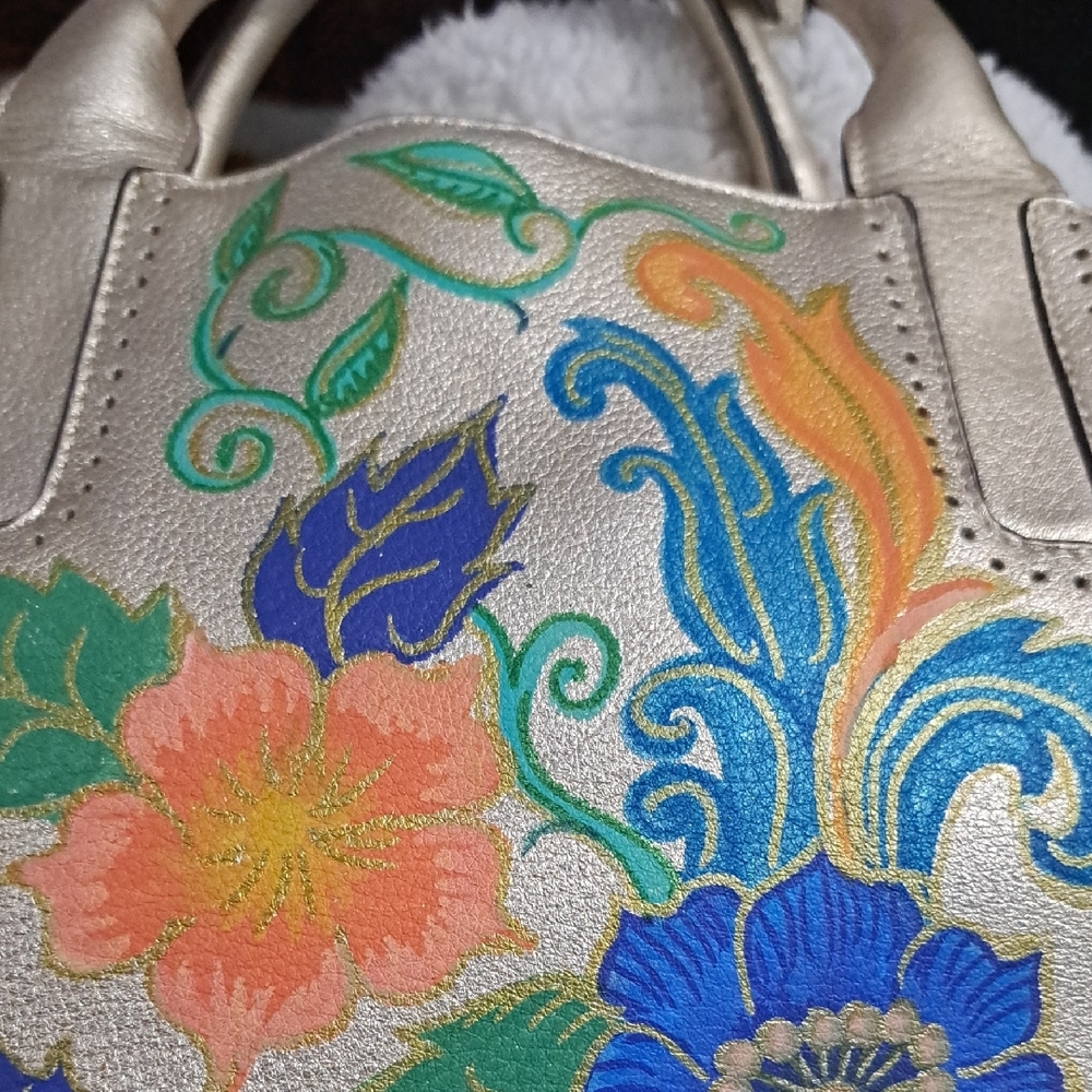 Hand Painted Gold Satchel Purse Bag with Floral Design - Picture 9 of 17